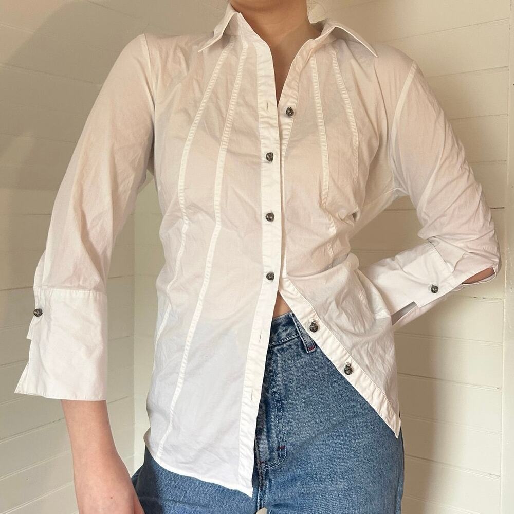 Vintage 90s y2k white button up blouse with beautiful silver buttons
